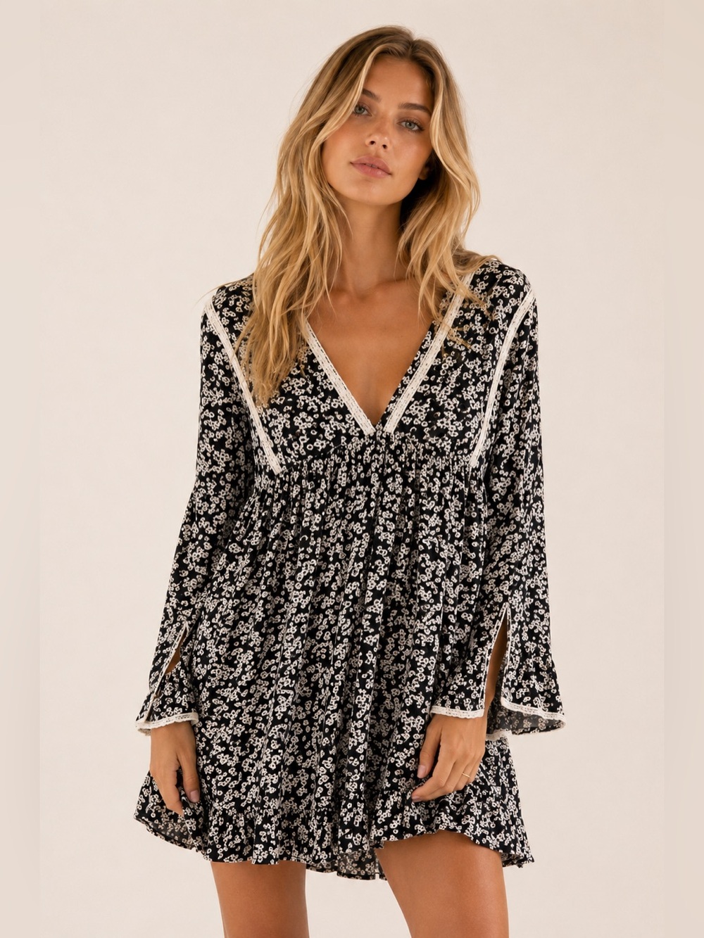 Free People Floral Mini Dress Black White Boho Cottagecore Bell Sleeve Festival